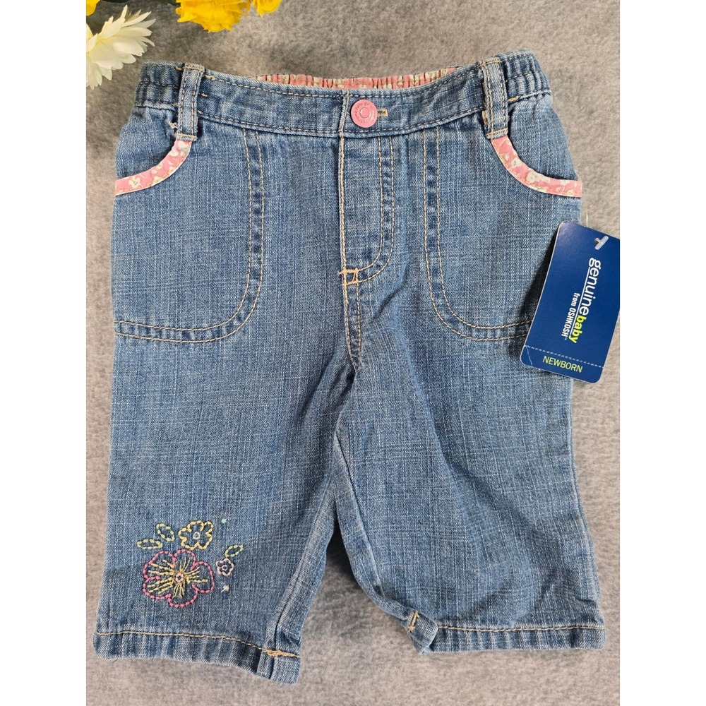 Vintage NWT OshKosh 0-3M Blue Denim Floral Embroidered Jeans Y2K Deadstock